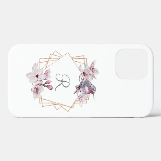 Monogram Roze Witte Magnolias Bird Lijst Case-Mate iPhone Case (Achterkant (horizontaal))