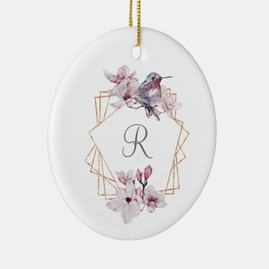 Monogram Roze Witte Magnolias Bird Lijst Keramisch Ornament (Rechts)