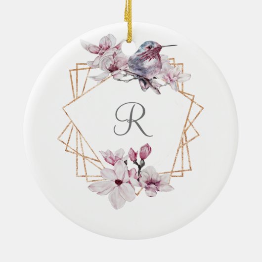 Monogram Roze Witte Magnolias Bird Lijst Keramisch Ornament (Achterkant)