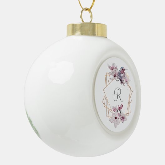 Monogram Roze Witte Magnolias Bird Lijst Keramische Bal Ornament (Links)
