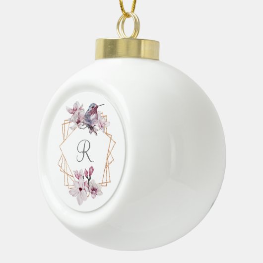 Monogram Roze Witte Magnolias Bird Lijst Keramische Bal Ornament (Rechts)
