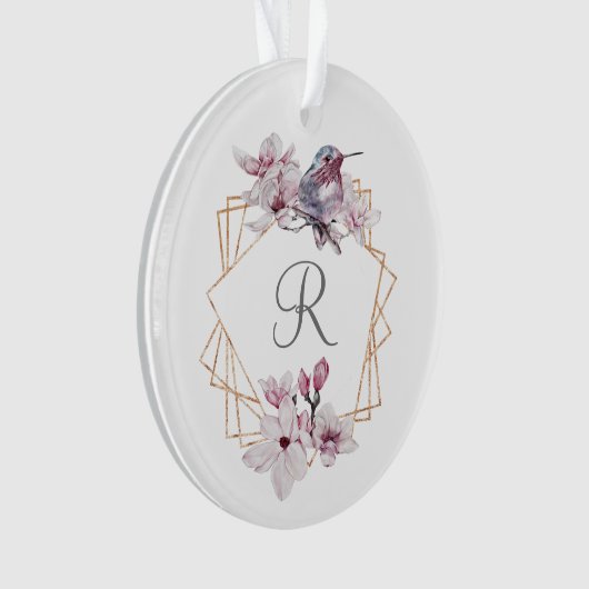 Monogram Roze Witte Magnolias Bird Lijst Ornament (voorkant)