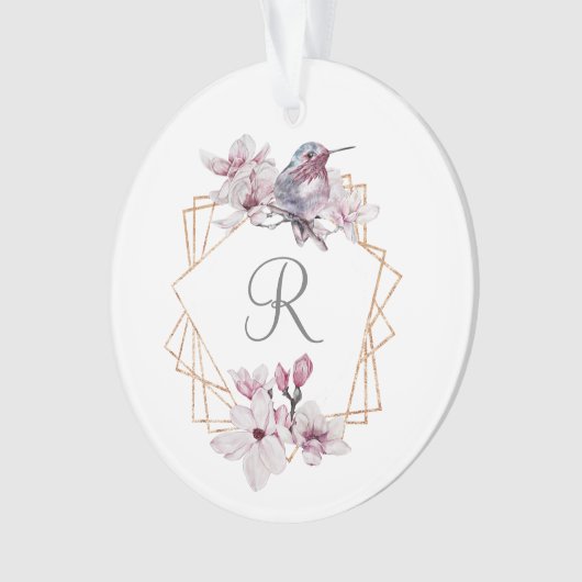 Monogram Roze Witte Magnolias Bird Lijst Ornament (voorkant)
