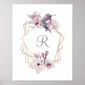 Monogram Roze Witte Magnolias Bird Lijst Poster (Voorkant)