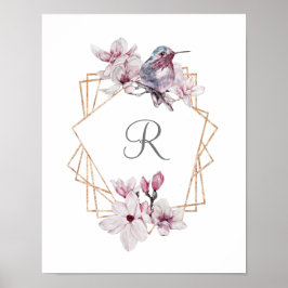 Monogram Roze Witte Magnolias Bird Lijst Poster