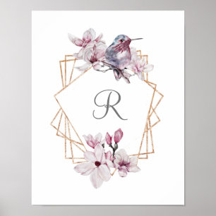 Monogram Roze Witte Magnolias Bird Lijst Poster