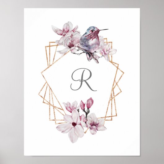 Monogram Roze Witte Magnolias Bird Lijst Poster (Voorkant)
