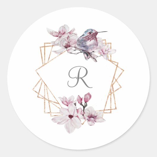 Monogram Roze Witte Magnolias Bird Lijst Ronde Sticker (Voorkant)