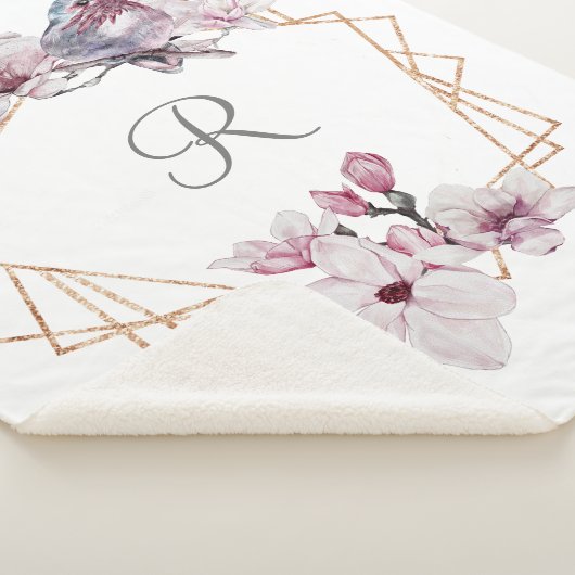 Monogram Roze Witte Magnolias Bird Lijst Sherpa Deken (3/4)