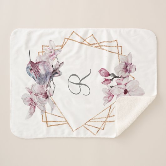Monogram Roze Witte Magnolias Bird Lijst Sherpa Deken (Voorkant (horizontaal))