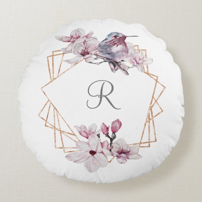 Monogram Roze Witte Magnolia's Vogel Goud Frame Rond Kussen (Voorkant)