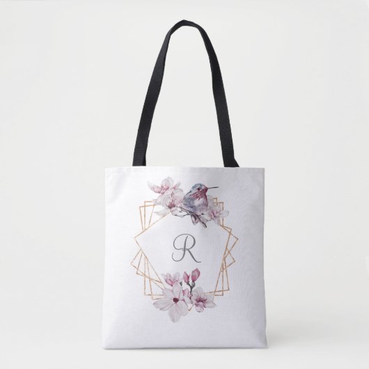 Monogram Roze Witte Magnolia's Vogel Gouden Frame  Tote Bag (Voorkant)