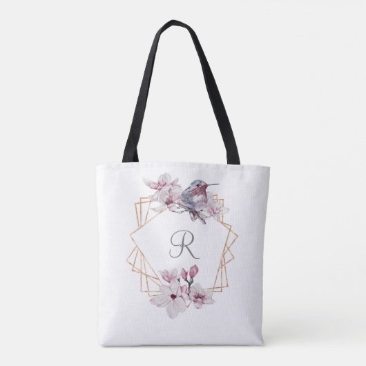 Monogram Roze Witte Magnolia's Vogel Gouden Frame  Tote Bag (Achterkant)