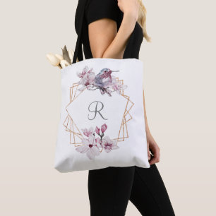 Monogram Roze Witte Magnolia's Vogel Gouden Frame  Tote Bag