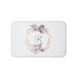 Monogram Roze Witte Magnolia's Vogel Gouden Lijst  Badmat