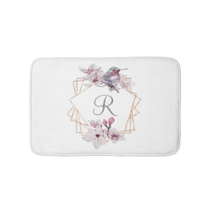 Monogram Roze Witte Magnolia's Vogel Gouden Lijst Badmat