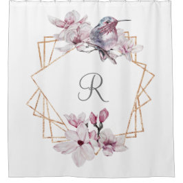Monogram Roze Witte Magnolia's Vogel Gouden Lijst  Douchegordijn