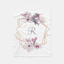 Monogram Roze Witte Magnolia's Vogel Gouden Lijst  Fleece Deken