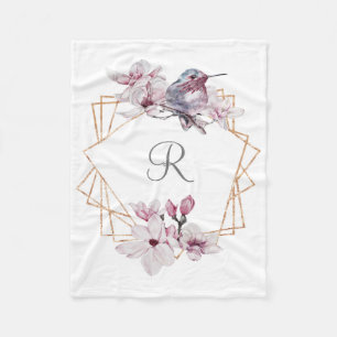 Monogram Roze Witte Magnolia's Vogel Gouden Lijst Fleece Deken