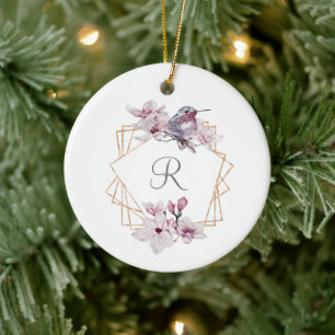 Monogram Roze Witte Magnolia's Vogel Gouden Lijst Keramisch Ornament