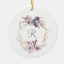 Monogram Roze Witte Magnolia's Vogel Gouden Lijst  Keramisch Ornament