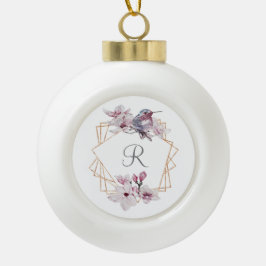 Monogram Roze Witte Magnolia's Vogel Gouden Lijst  Keramische Bal Ornament