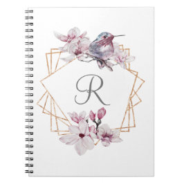 Monogram Roze Witte Magnolia's Vogel Gouden Lijst  Notitieboek