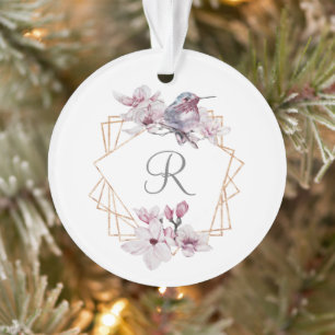 Monogram Roze Witte Magnolia's Vogel Gouden Lijst Ornament