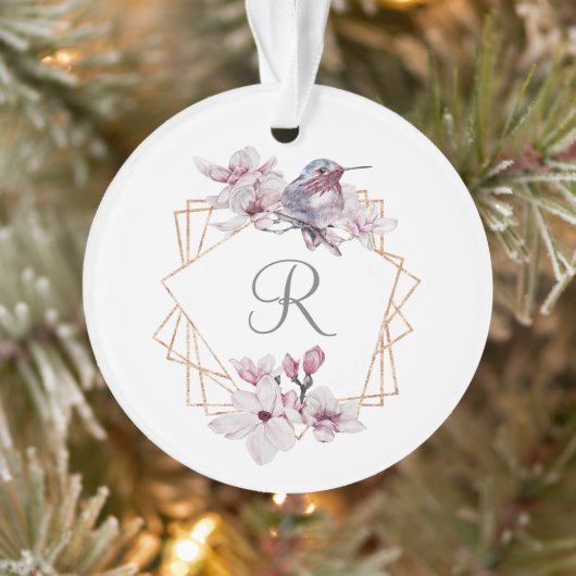 Monogram Roze Witte Magnolia's Vogel Gouden Lijst Ornament (Boom)