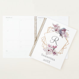 Monogram Roze Witte Magnolia's Vogel Gouden Lijst  Planner