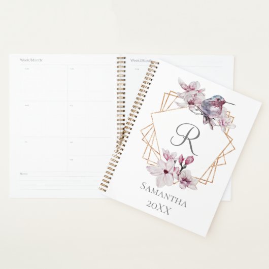 Monogram Roze Witte Magnolia's Vogel Gouden Lijst Planner (Display)