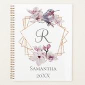 Monogram Roze Witte Magnolia's Vogel Gouden Lijst Planner (Voorkant)