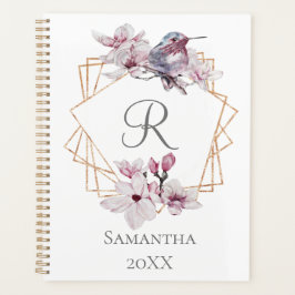 Monogram Roze Witte Magnolia's Vogel Gouden Lijst  Planner
