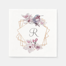 Monogram Roze Witte Magnolia's Vogel Gouden Lijst  Servet