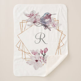 Monogram Roze Witte Magnolia's Vogel Gouden Lijst Sherpa Deken