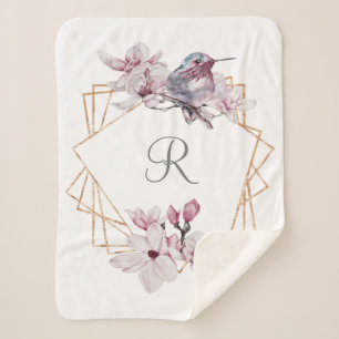 Monogram Roze Witte Magnolia's Vogel Gouden Lijst Sherpa Deken