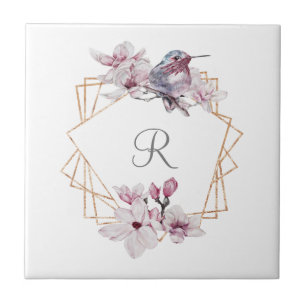 Monogram Roze Witte Magnolia's Vogel Gouden Lijst  Tegeltje