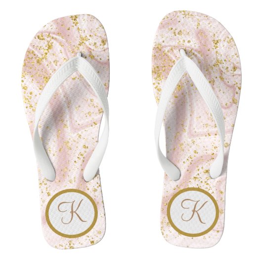 Monogram Roze witte marmer Glitter Teenslippers (Voetbed)