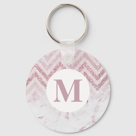 Monogram roze witte marmer Persoonlijke naam Sleutelhanger (Voorkant)
