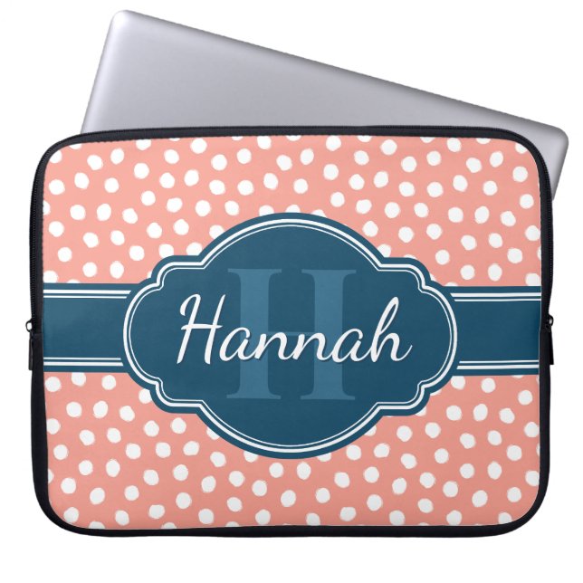 Monogram roze witte poka Dot Pattern Laptop Sleeve (Voorkant)