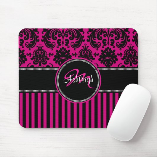Monogram roze witte streep Damask Mousepad Muismat (Met muis)