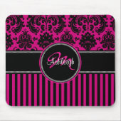 Monogram roze witte streep Damask Mousepad Muismat (Voorkant)