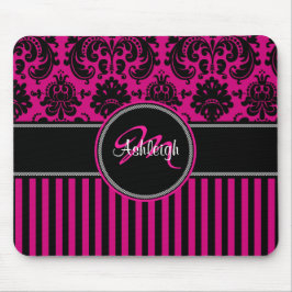 Monogram roze witte streep Damask Mousepad Muismat