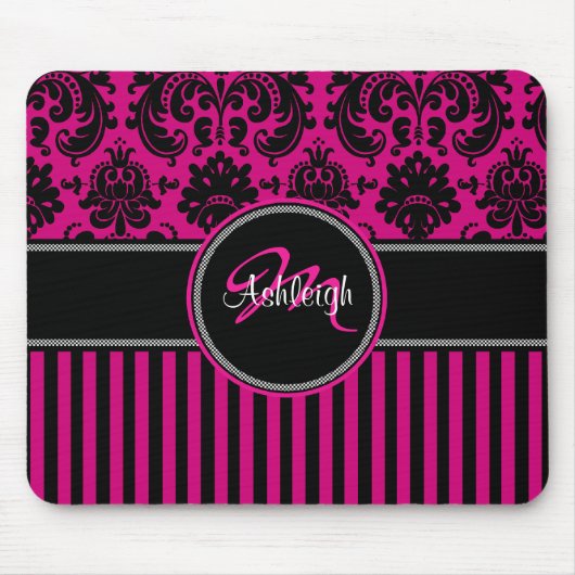 Monogram roze witte streep Damask Mousepad Muismat (Voorkant)
