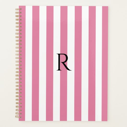  Monogram Roze & Witte Strepen Gestreept Planner (Voorkant)
