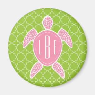 Monogram Roze Zee Turtle Groen Quatrefoil Magneet