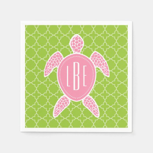 Monogram Roze Zee Turtle Groen Quatrefoil Servetten (Voorkant)