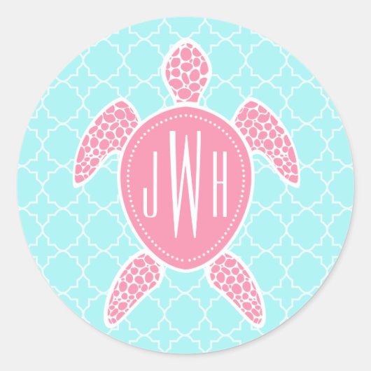 Monogram roze Zeeen schildpad + blauw kwartet Ronde Sticker (Voorkant)
