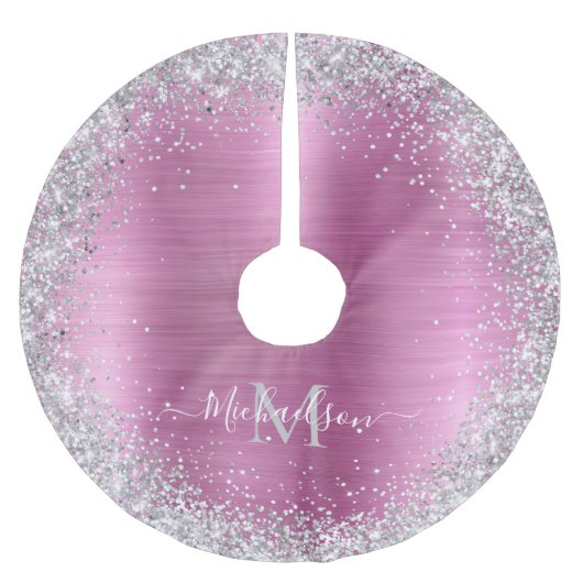 Monogram Roze Zilver Glitter Girly Glam Kerstboom Rok (Voorkant)