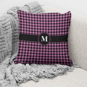 Monogram Roze Zwart Gingham Geruit Geruit Patroon Kussen